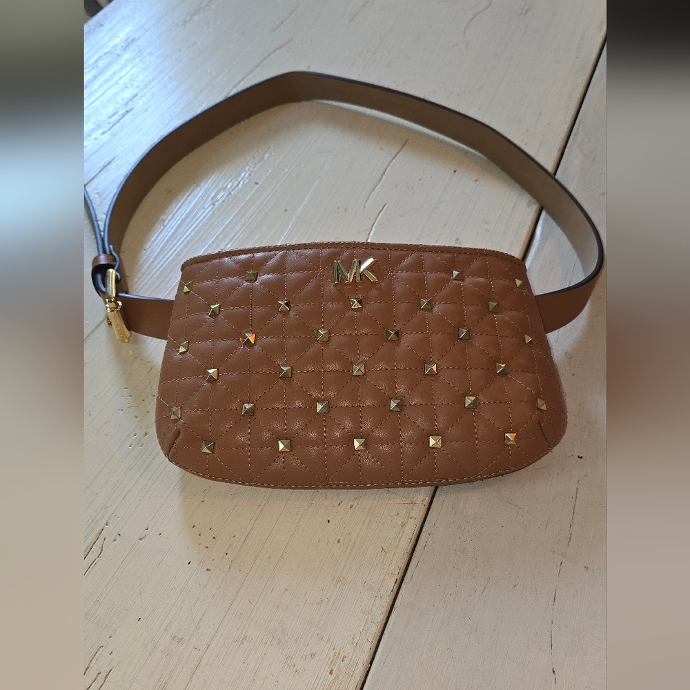 Michael Kors Fanny Pack Quilted Studded Waist Belt Bag - Tan/ Gold (Size L/XL)